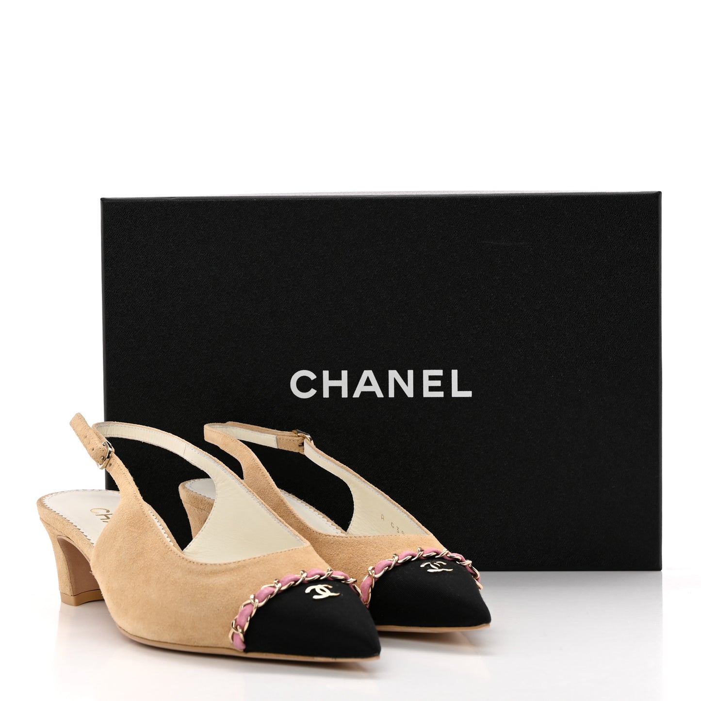 Suede Grosgrain Cap Toe CC Chain Slingback Pumps 37.5 Beige Black Pink