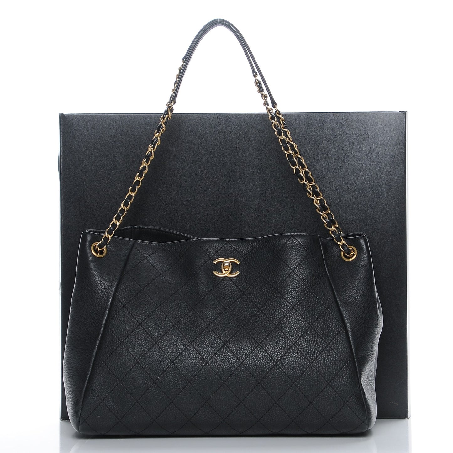 Grained Calfskin Quilted Large Supple Rock Shopping Tote Black