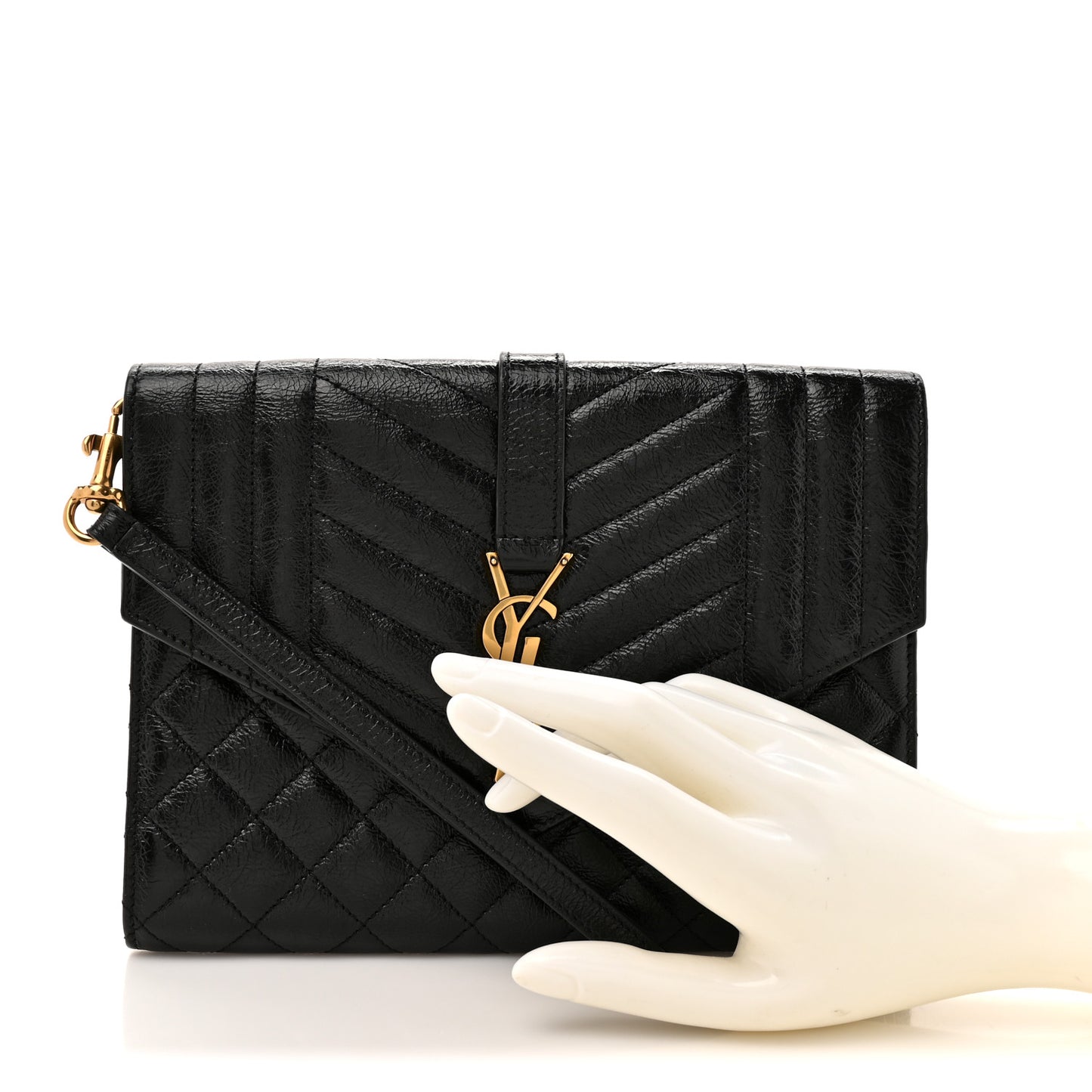 Crinkled Calfskin Mixed Matelasse Triquilt Monogram Clutch Black