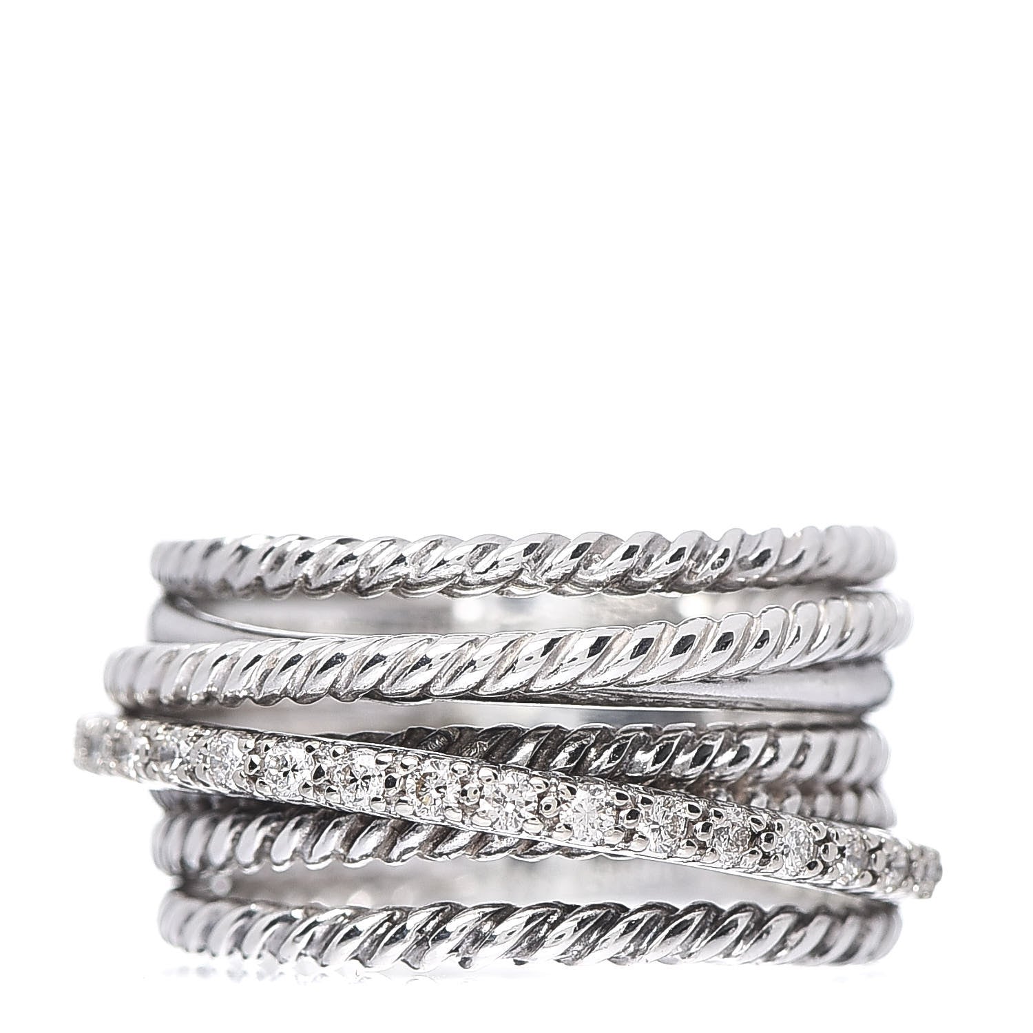David Yurman Sterling Silver 14K White Gold Diamond 11mm Wide Crossover Cable Ring 52 6 1 of 5