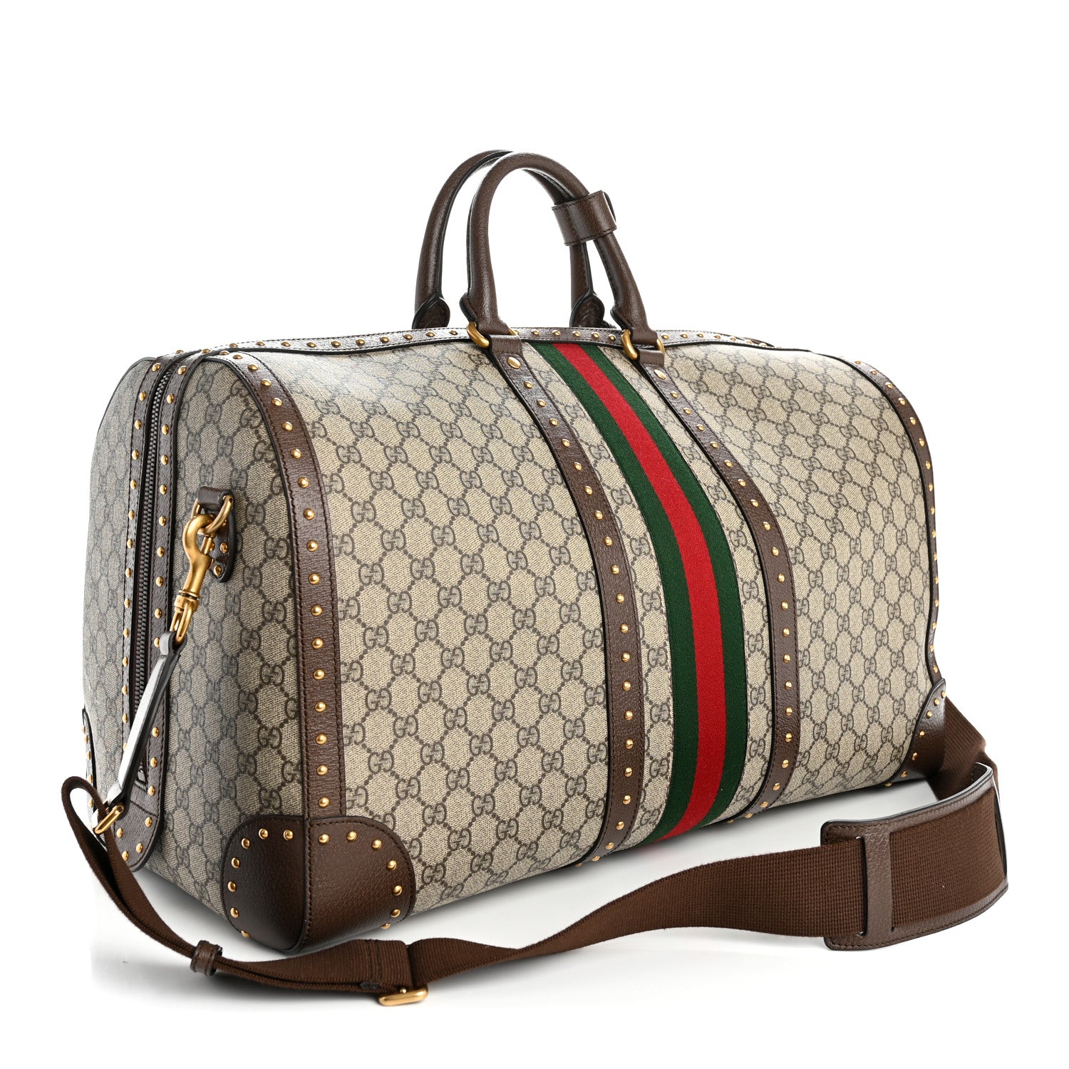 Gucci GG Supreme Monogram Textured Dollar Calfskin Web Studded Large Savoy Duffle Bag Beige Ebony 2 of 11