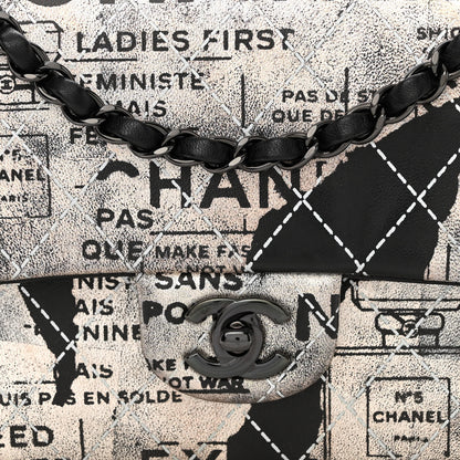 Chanel Metallic Lambskin Painted Feministe Newsprint Medium Double Flap So Black 8 of 14