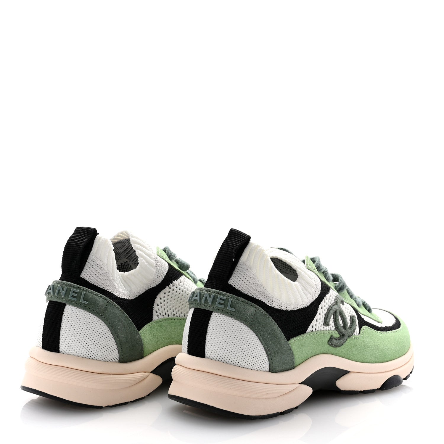 Chanel Knit Suede Fabric Womens CC Sneakers 37 Green Dark Green White Black 4 of 9