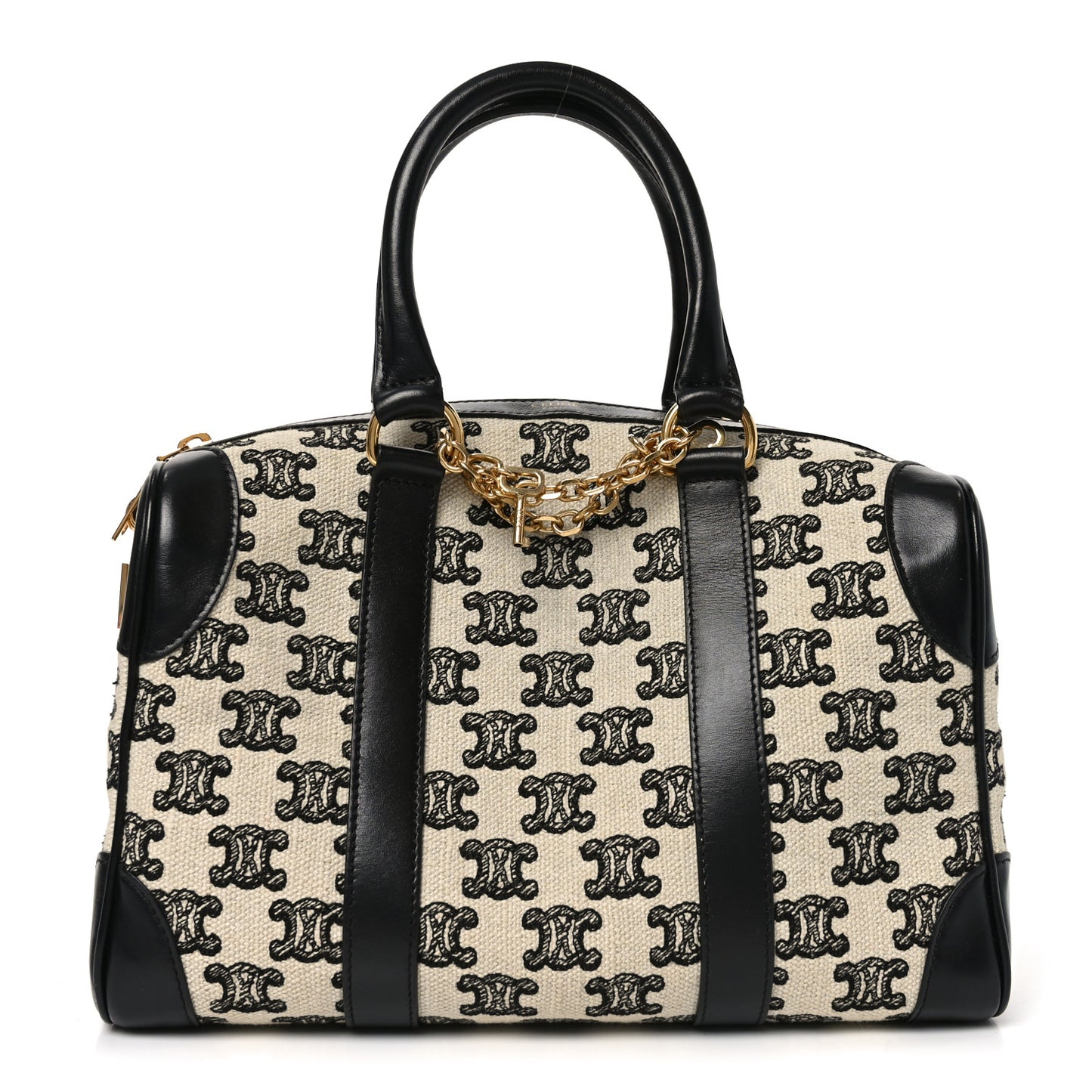 Canvas Calfskin Triomphe Embroidered Boston Bag Black