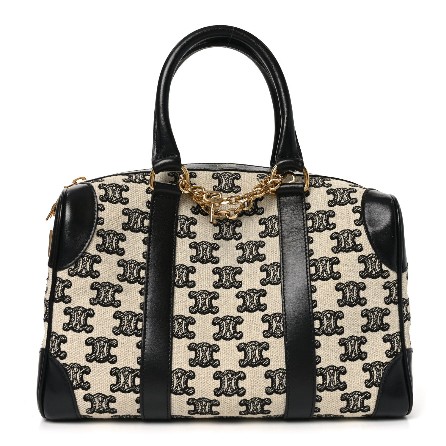 Celine Canvas Calfskin Triomphe Embroidered Boston Bag Black 1 of 9