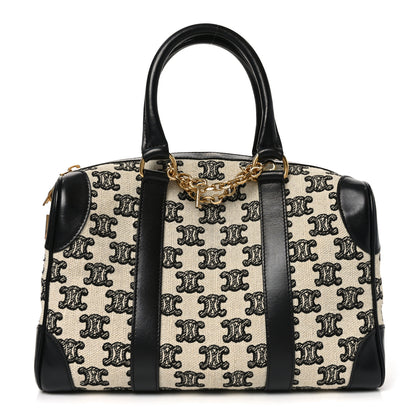 Celine Canvas Calfskin Triomphe Embroidered Boston Bag Black 1 of 9