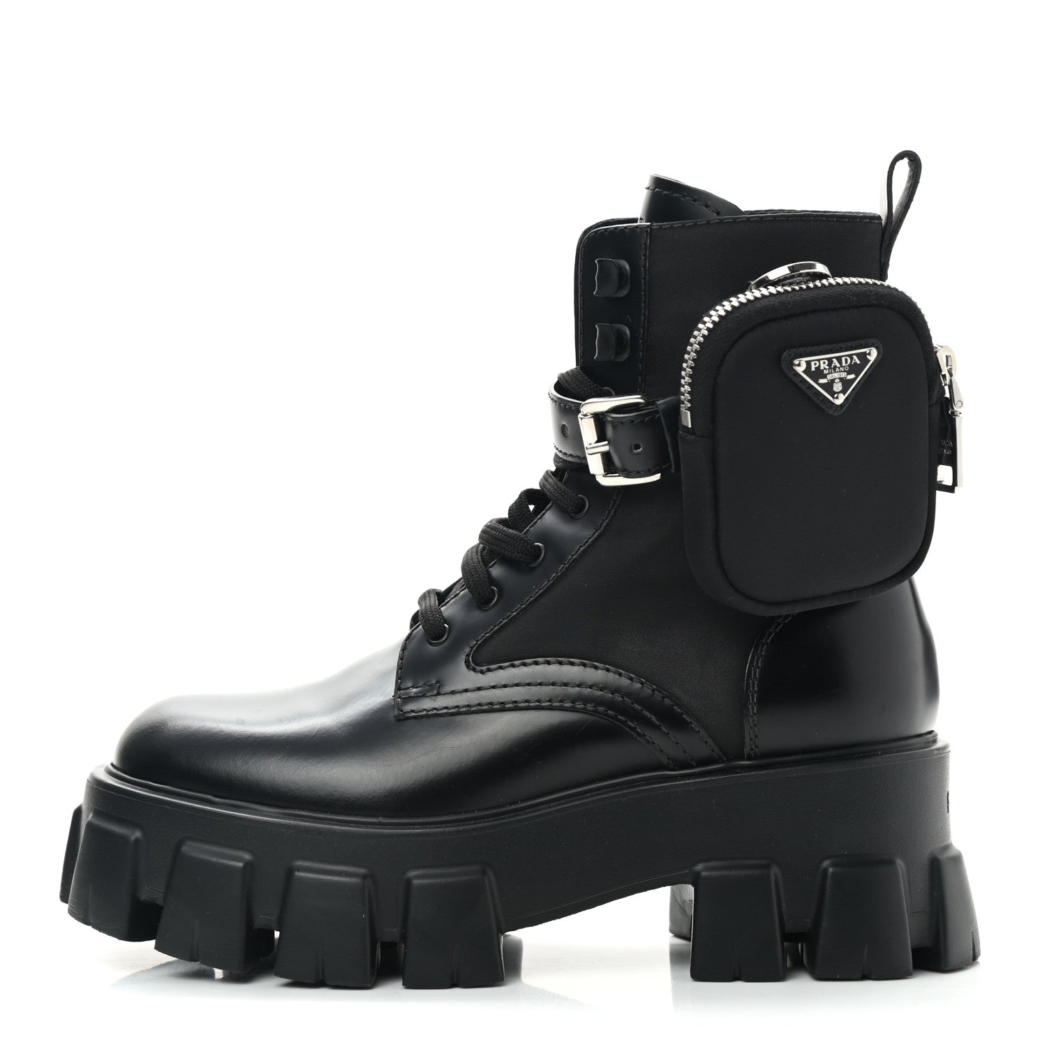 Prada Spazzolato Rois Nylon Metal Triangle Logo Monolith Pouch Pocket 55mm Boots 36 Black 1 of 6