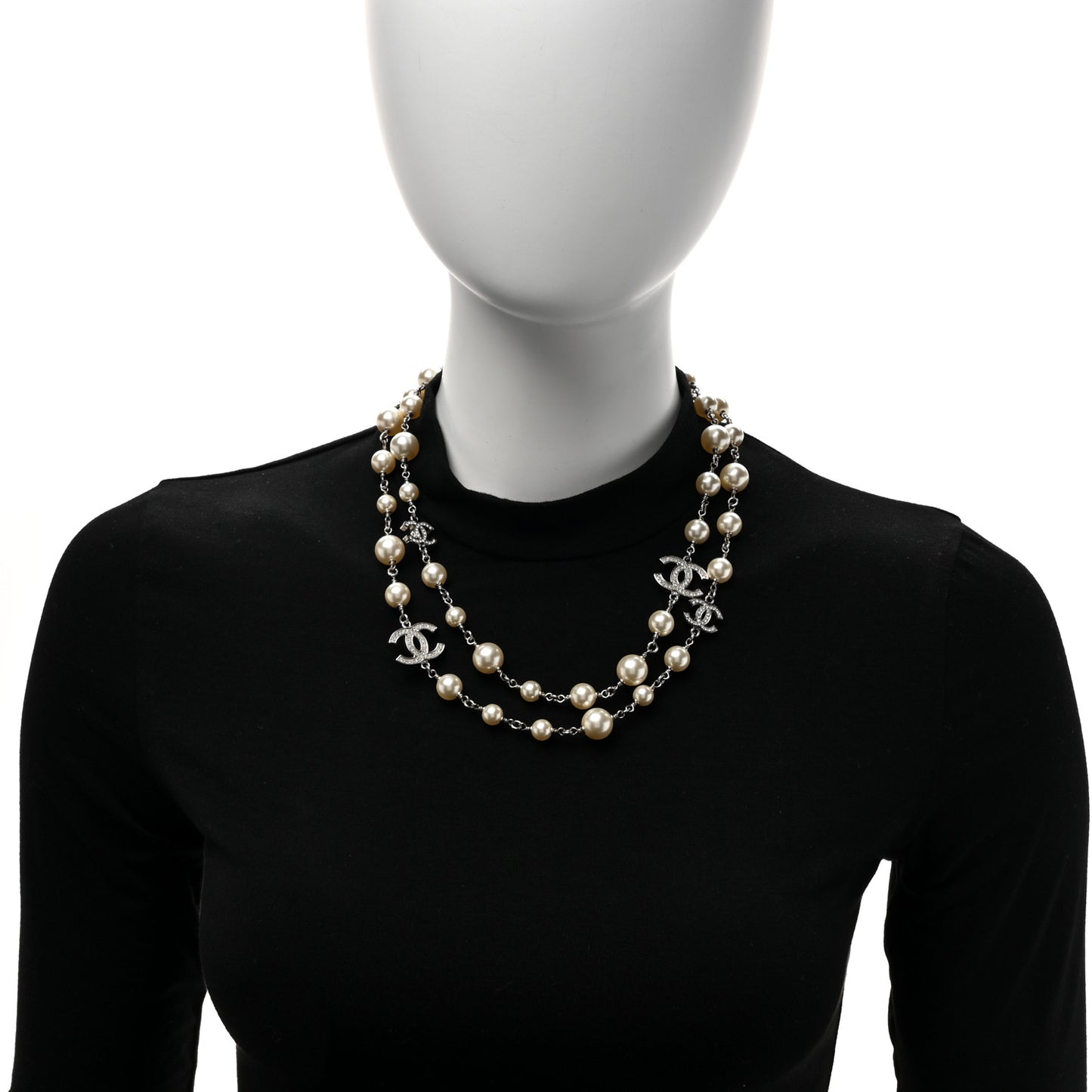 Graduated Pearl Crystal CC Long Necklace Silver