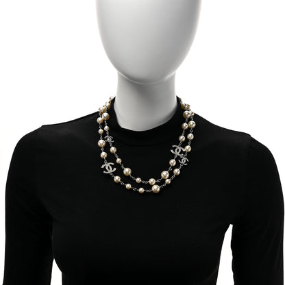 Chanel Graduated Pearl Crystal CC Long Necklace Silver 2 of 5