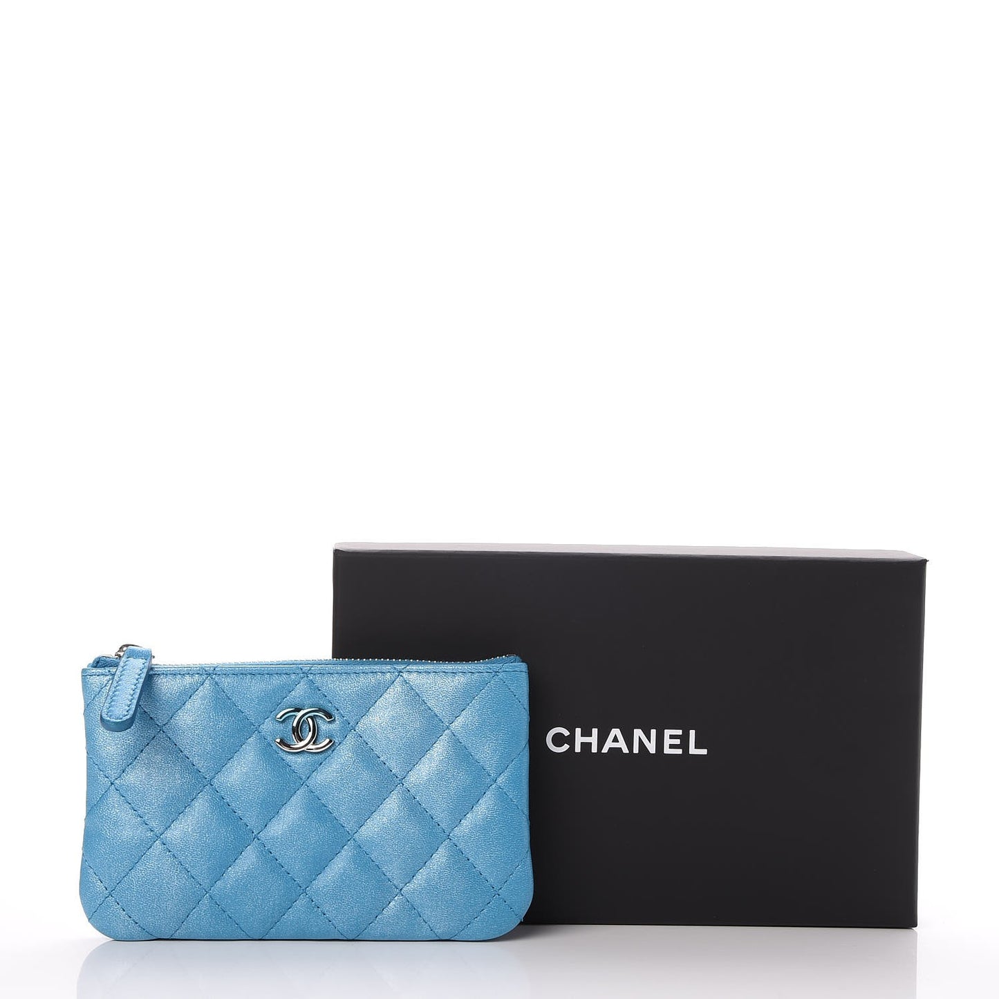 Metallic Lambskin Small Cosmetic Case Turquoise