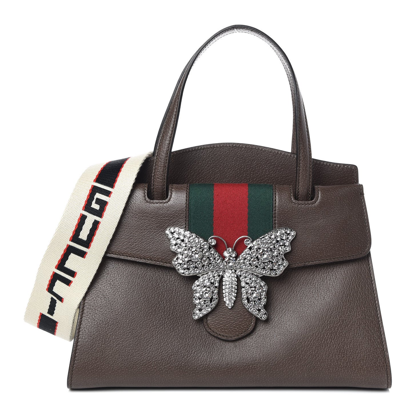 Textured Calfskin Web Crystal Butterfly Stripe Medium Totem Top Handle Bag New Acero