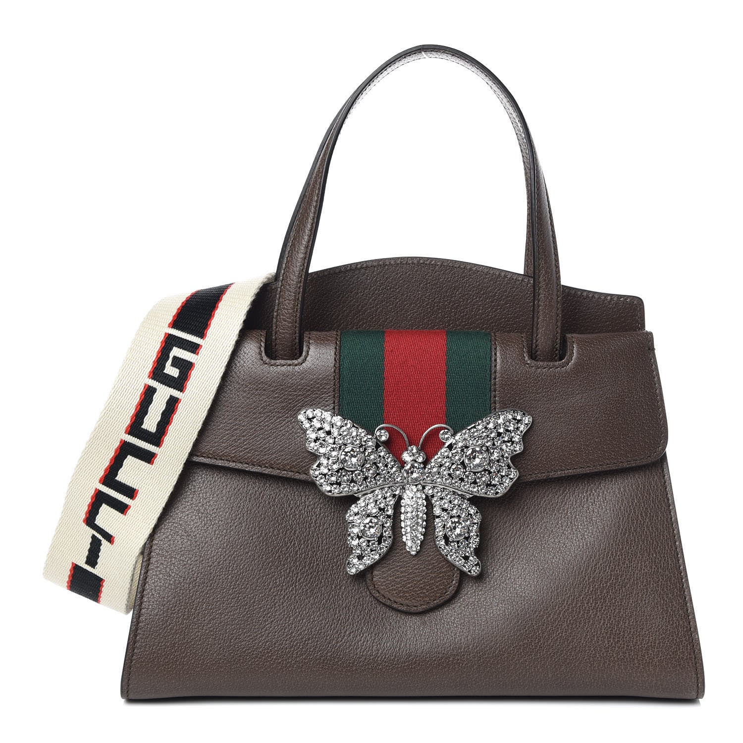 Gucci Textured Calfskin Web Crystal Butterfly Stripe Medium Totem Top Handle Bag New Acero 1 of 11