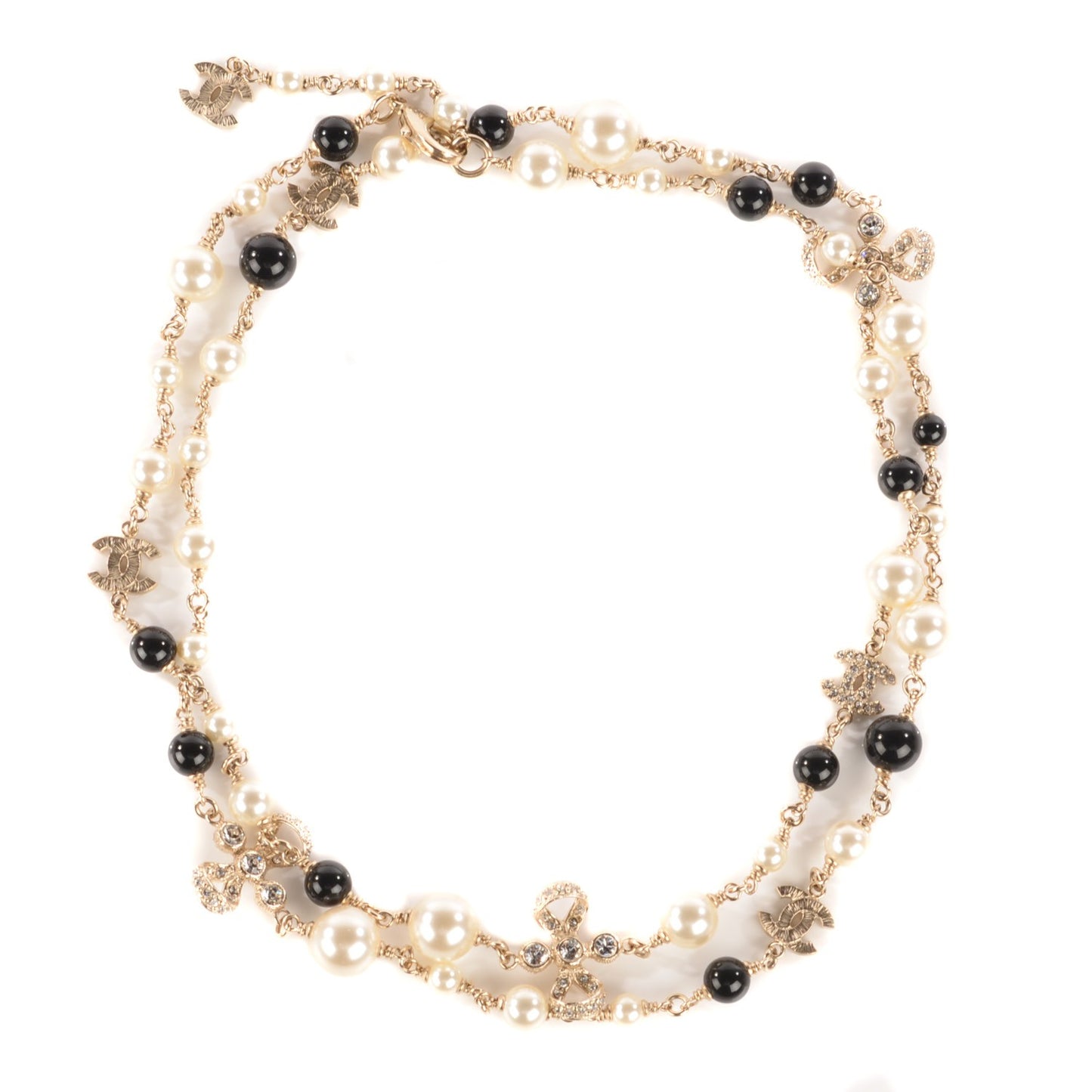 Pearl Crystal Bow CC Necklace Gold