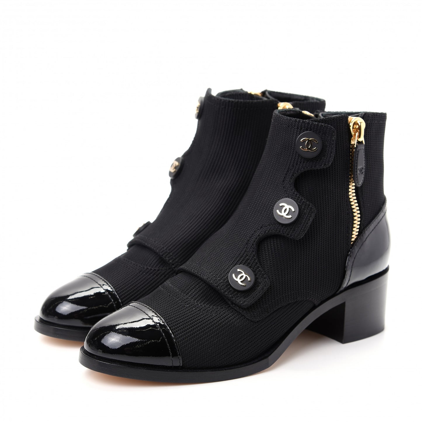 Knit Patent Calfskin Cap Toe Short Boots 37.5 Black