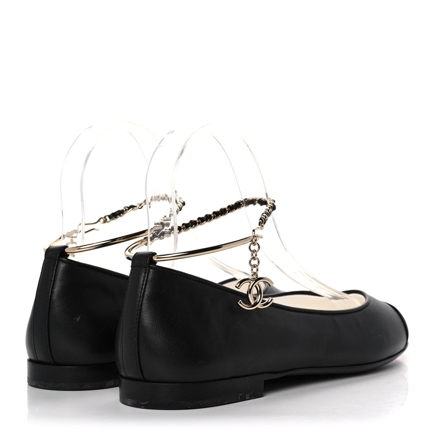 Lambskin Patent Calfskin Cap Toe Ankle Chain Ballerina Flats 39.5 Black