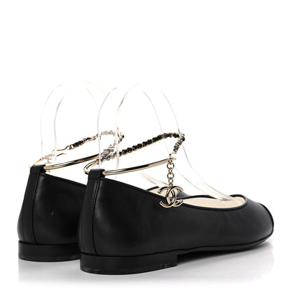 Chanel Lambskin Patent Calfskin Cap Toe Ankle Chain Ballerina Flats 39.5 Black 3 of 8