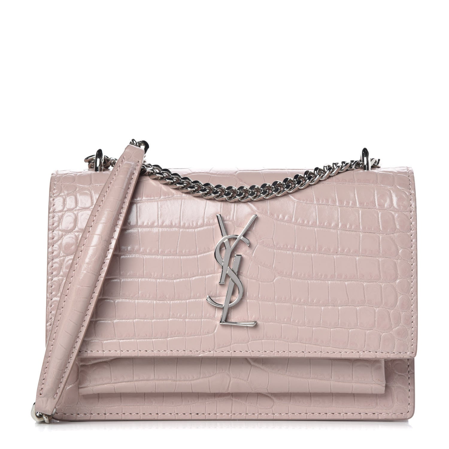 Saint Laurent Calfskin Crocodile Embossed Monogram Sunset Chain Wallet Rose Antic 1 of 9