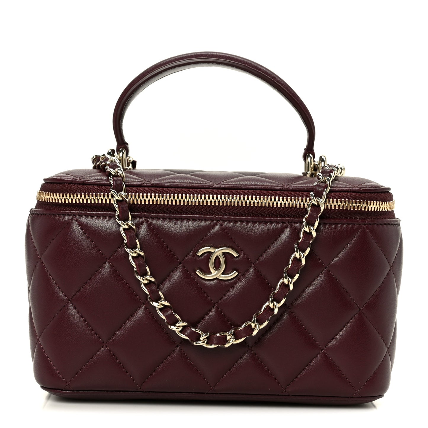 Lambskin Quilted Small Top Handle Vanity Case With Chain Burgundy