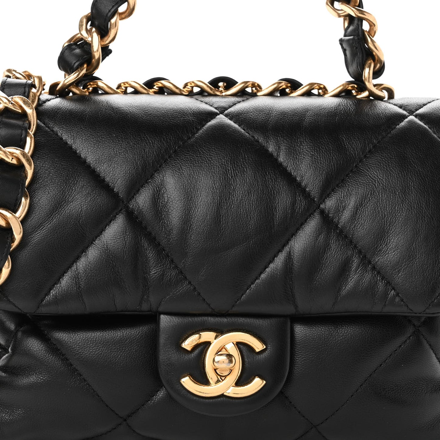 Lambskin Quilted Small Chain Top Handle Flap Black