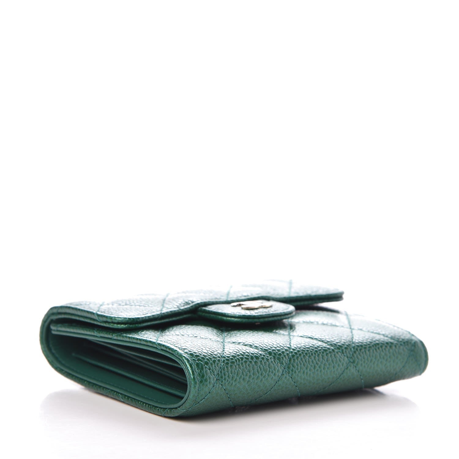 Chanel Metallic Quilted Compact Flap Wallet Green 4 of 9