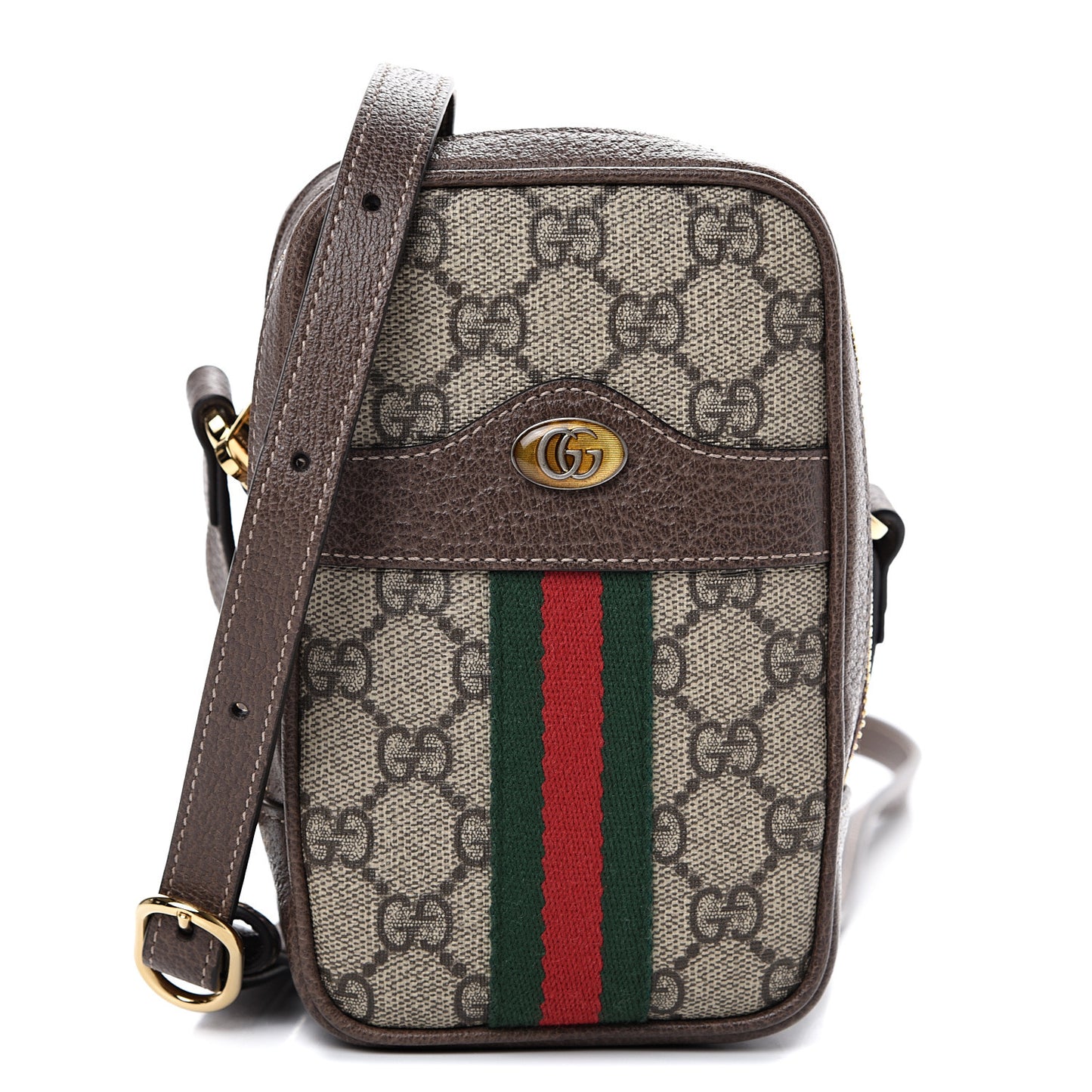 GG Supreme Monogram Web Mini Ophidia Double Zip Crossbody Bag Brown