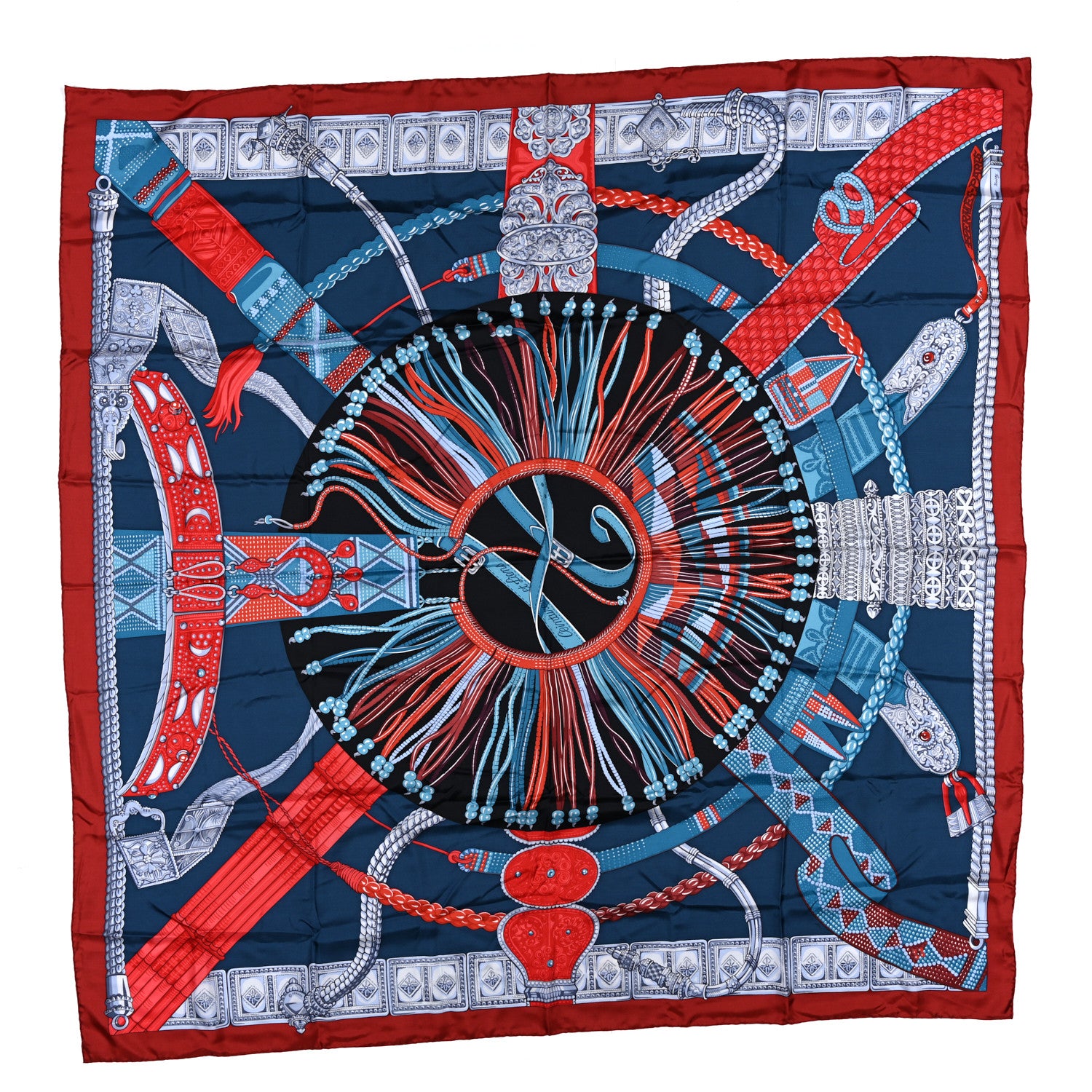 Hermes Silk Ceintures et Liens Shawl 140 Brique Petrole Rouge 1 of 4
