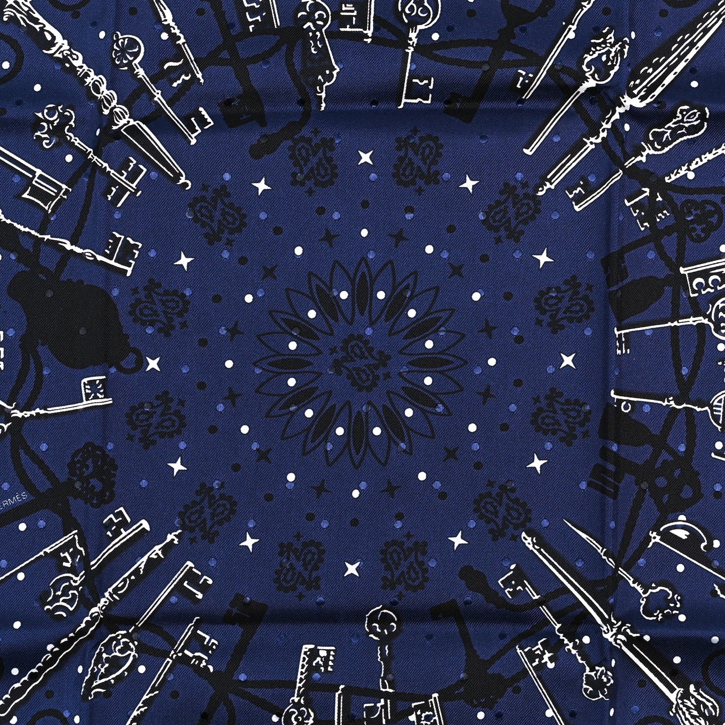 Silk Les Cles Bandana Scarf 55 Marine Black White