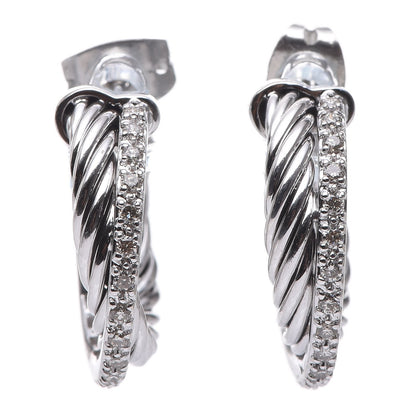 David Yurman Sterling Silver 14K White Gold Diamond Small Crossover Hoop Earrings 1 of 8