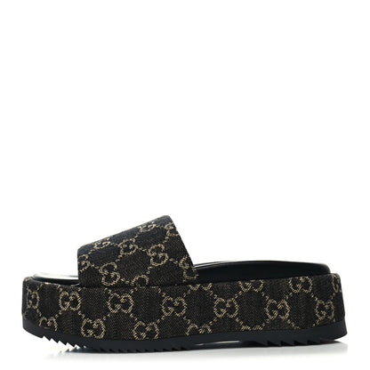 Gucci Jacquard Black Denim GG Monogram Angelina Platform 55mm Slide Sandals 35 Black Ivory 1 of 9