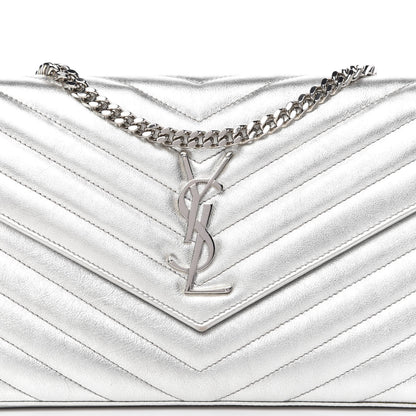 Saint Laurent Metallic Grain De Poudre Matelasse Chevron Monogram Chain Wallet Silver 10 of 11