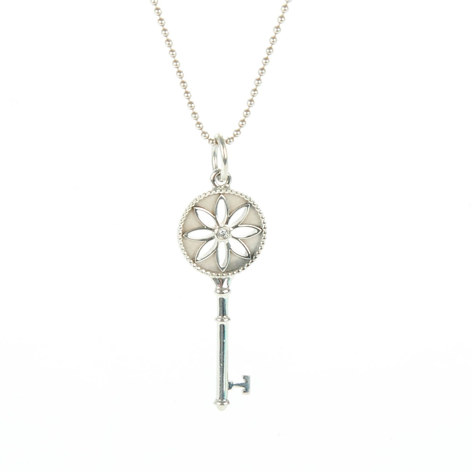 Tiffany Sterling Silver Diamond Small Daisy Key Pendant Necklace 3 of 6