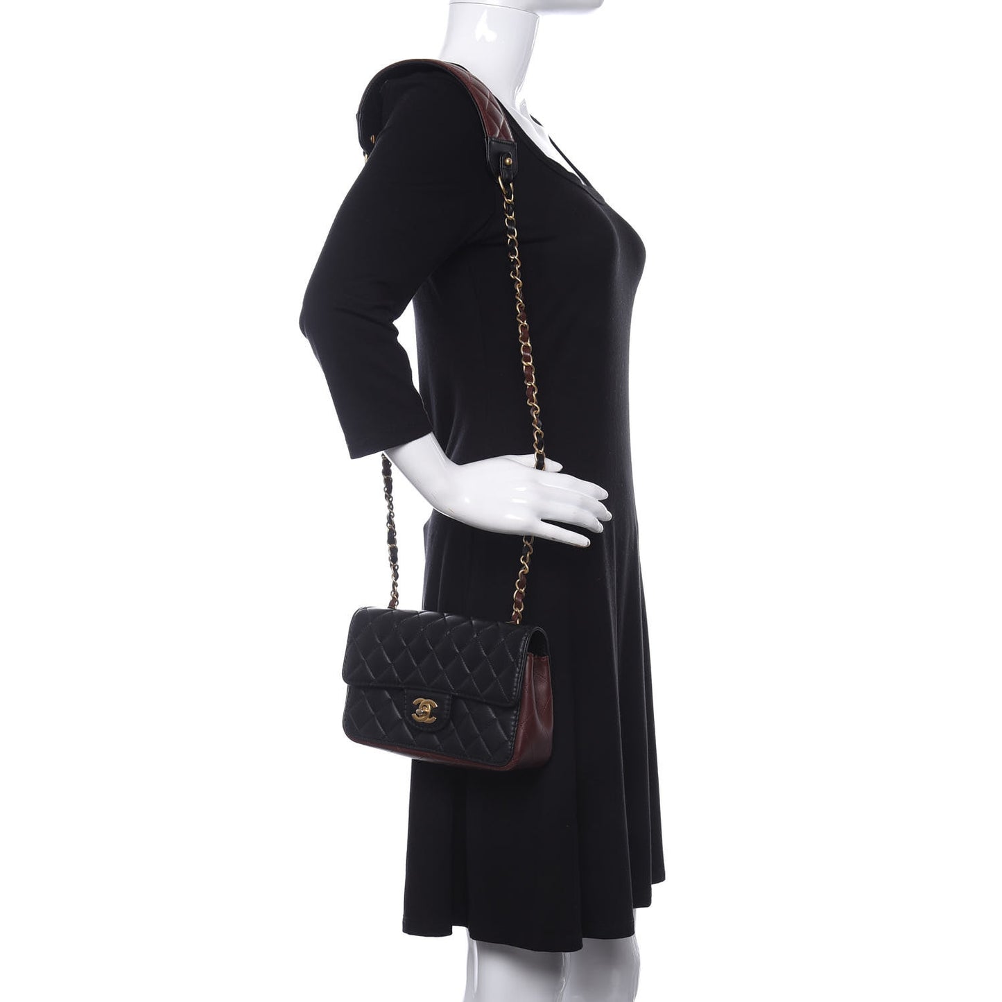 Calfskin Quilted Small Strap Into Flap Black Burgundy