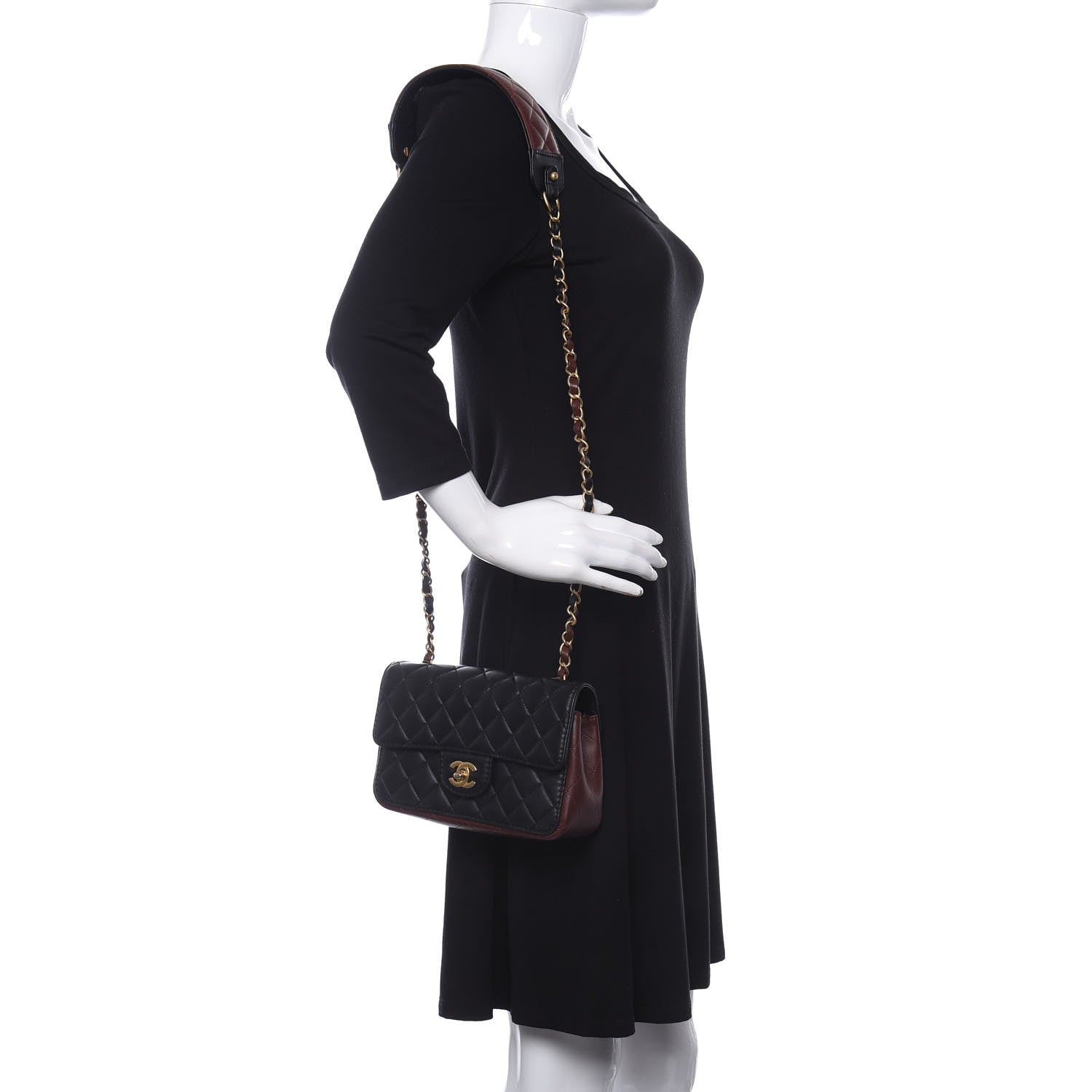Chanel Calfskin Quilted Small Strap Into Flap Black Burgundy 2 of 11