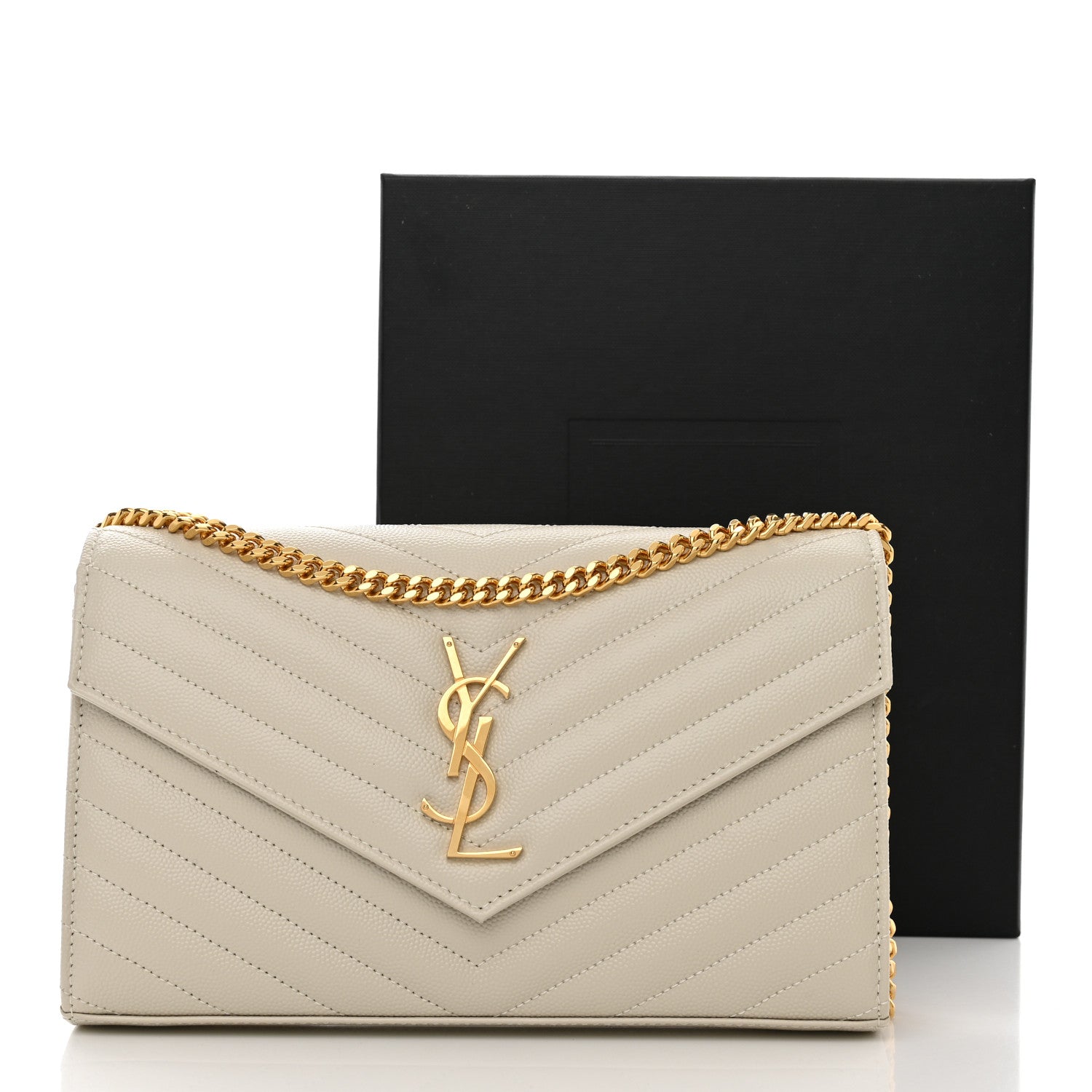 Saint Laurent Grain De Poudre Matelasse Chevron Monogram Chain Wallet Crema Soft 10 of 10