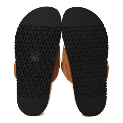 Hermes Suede Goatskin Woolskin Womens Chypre Sandals 39 Brun Fume Ecru 5 of 8