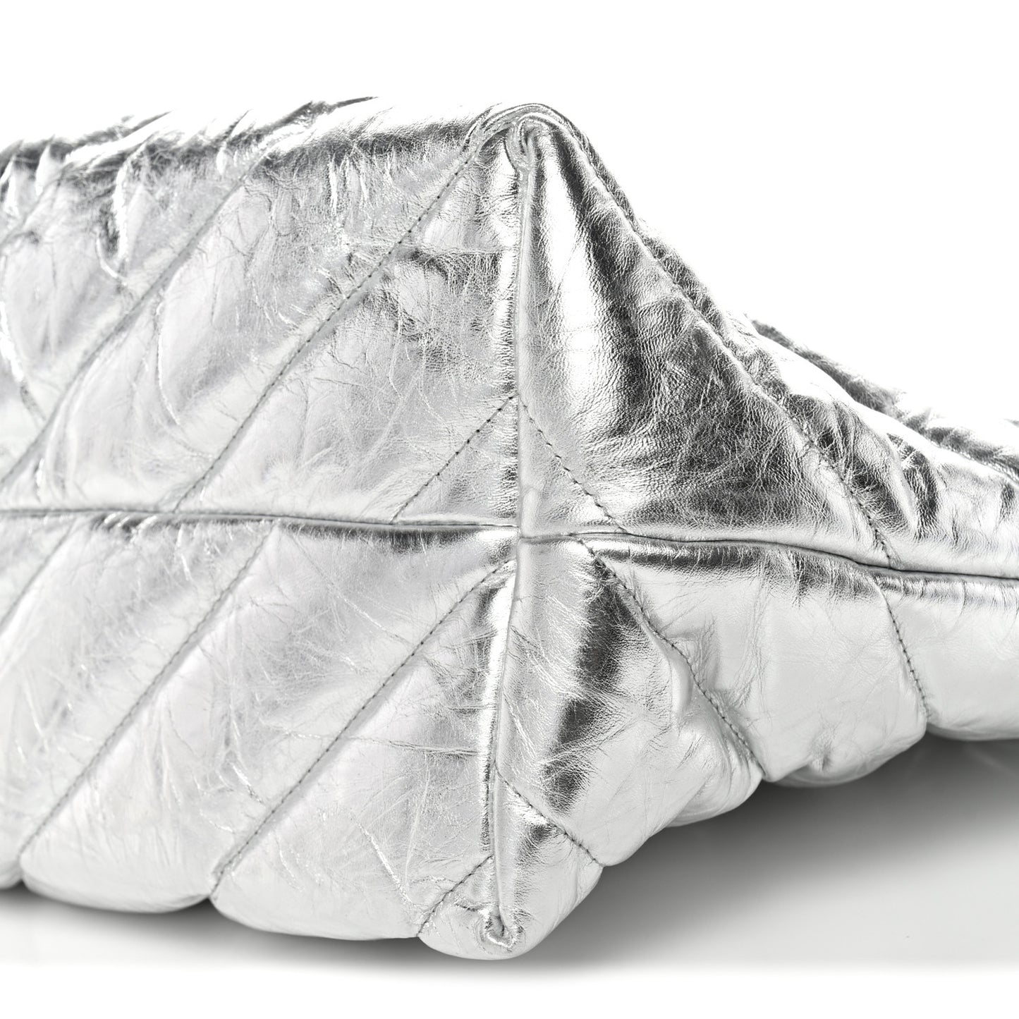 Metallic Crushed Calfskin Quilted Medium Crush Carry All Tote Bag Silver