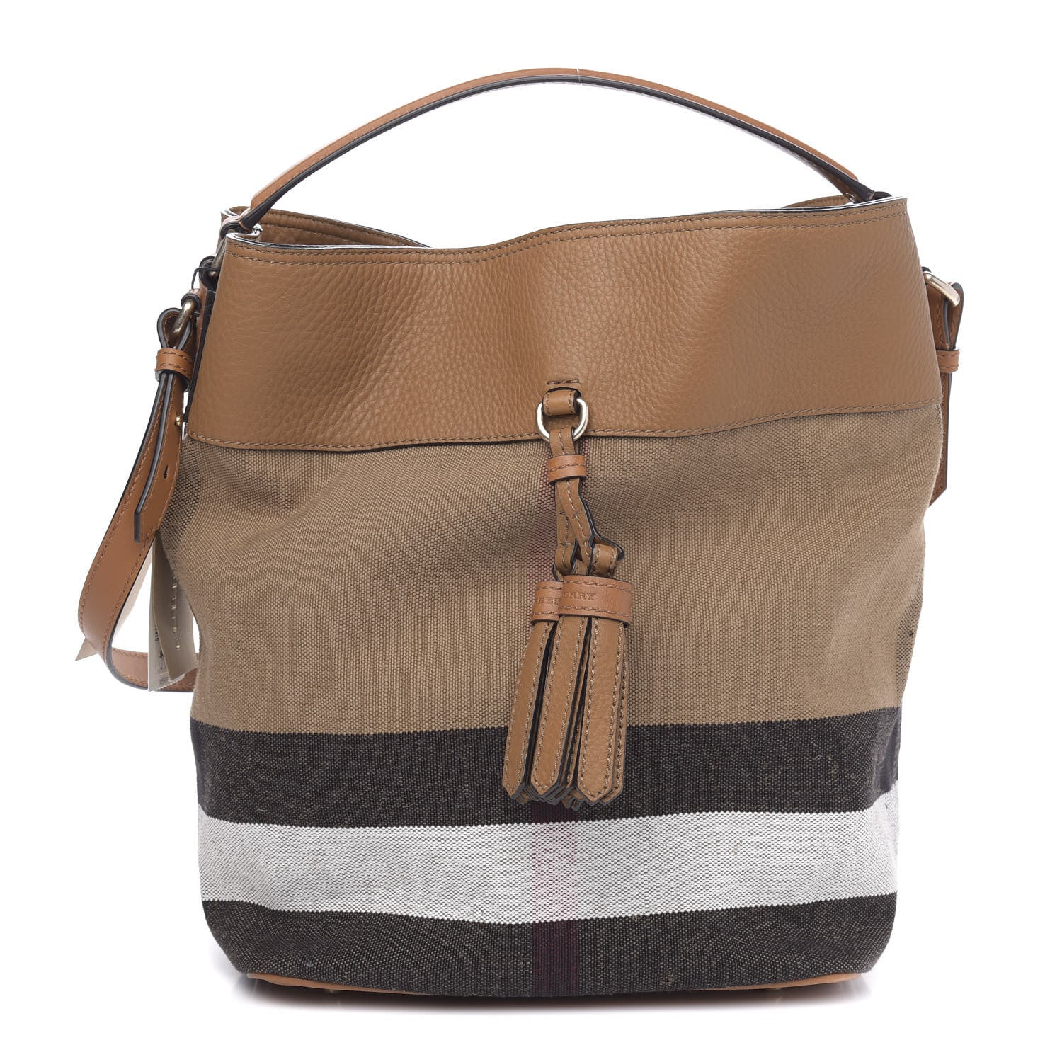Burberry Grainy Calfskin Canvas Mega Check Medium Ashby Tassel Hobo Saddle Brown 1 of 11