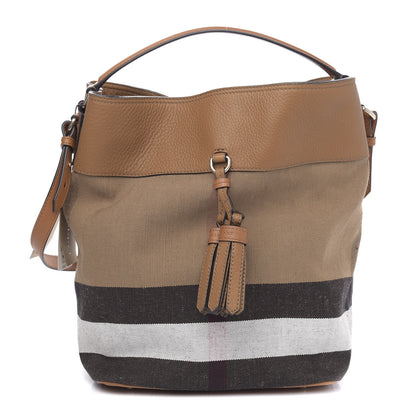 Burberry Grainy Calfskin Canvas Mega Check Medium Ashby Tassel Hobo Saddle Brown 1 of 11