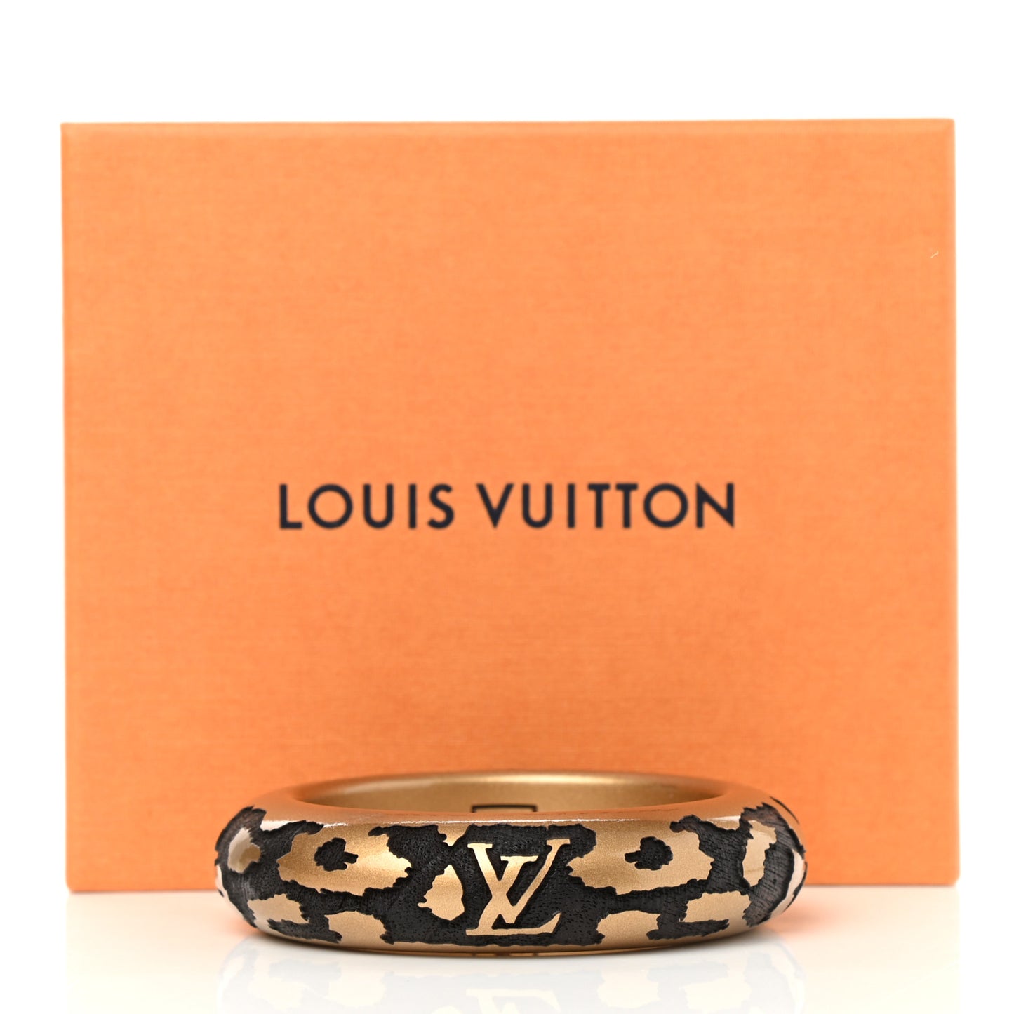 Lacquer Wood Leomonogram Wide Bangle Bracelet Gold