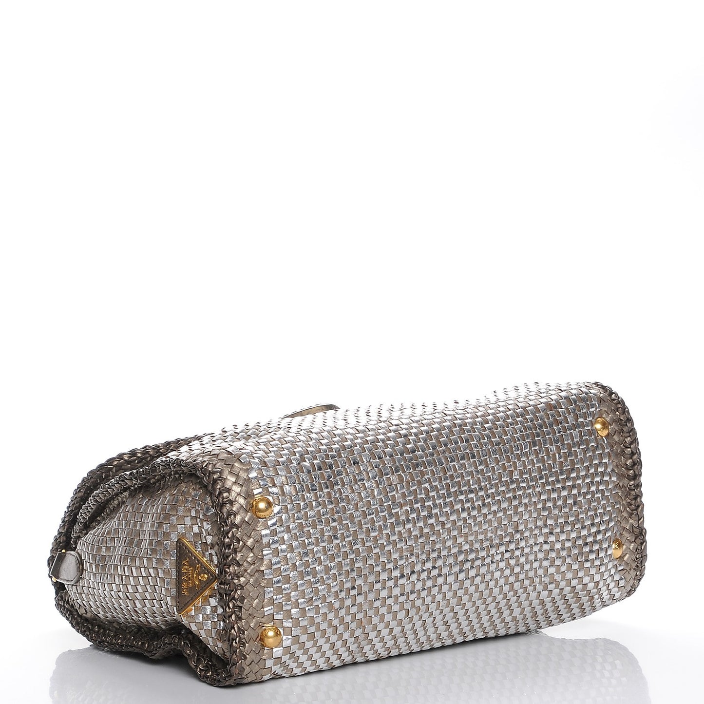 Metallic Goatskin Woven Top Handle Satchel Silver Gold