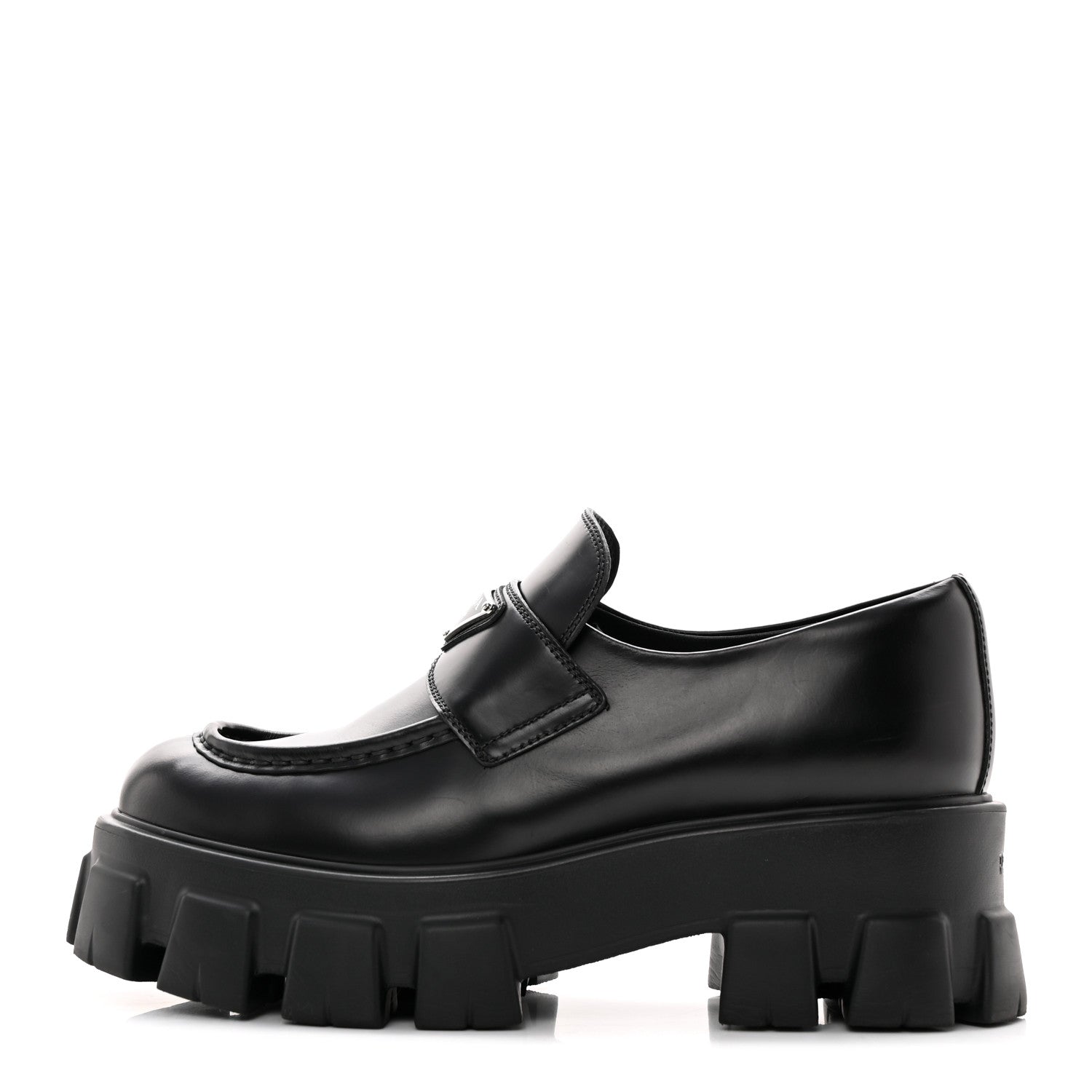 Prada Spazzolato Rois Metal Triangle Logo Monolith 55mm Loafers 39 Black 1 of 13