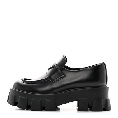 Prada Spazzolato Rois Metal Triangle Logo Monolith 55mm Loafers 39 Black 1 of 13