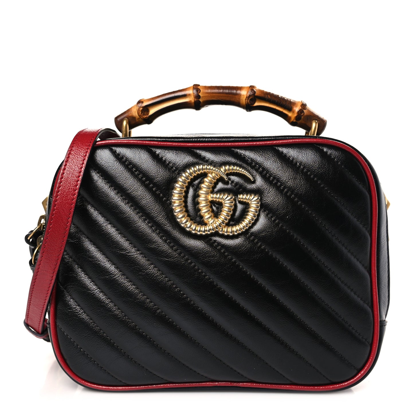 Vintage Effect Calfskin Matelasse Diagonal Small Torchon GG Marmont Bamboo Top Handle Shoulder Bag Black Romantic Cherry