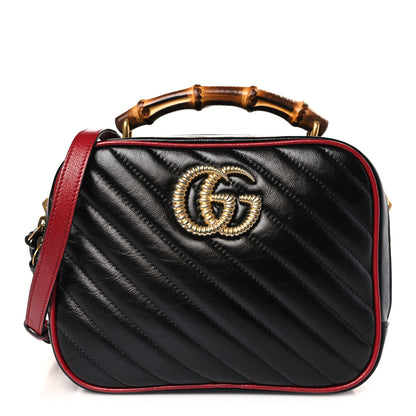 Gucci Vintage Effect Calfskin Matelasse Diagonal Small Torchon GG Marmont Bamboo Top Handle Shoulder Bag Black Romantic Cherry 1 of 9