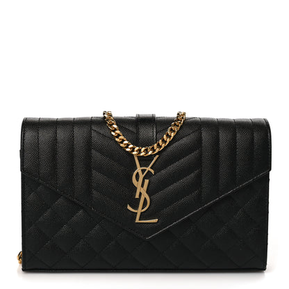 Saint Laurent Grain De Poudre Mixed Matelasse Triquilt Monogram Chain Wallet Black 1 of 8