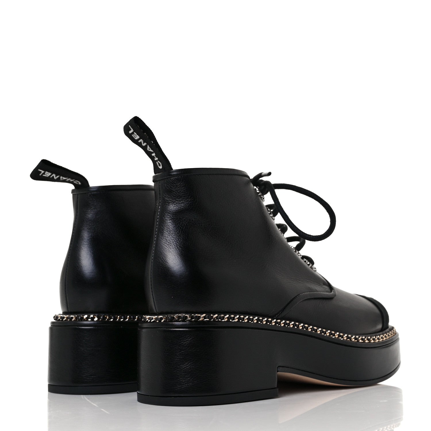 Chanel Calfskin Grosgrain Chain Lace Up CC Short Boots 37 Black 4 of 7