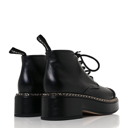 Chanel Calfskin Grosgrain Chain Lace Up CC Short Boots 37 Black 4 of 7