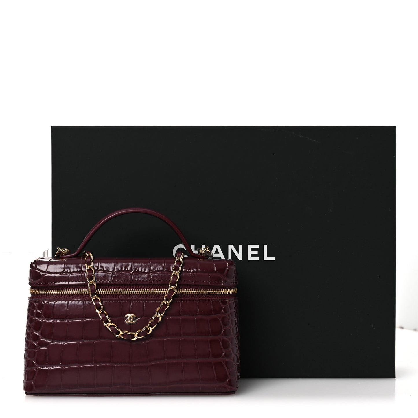 Calfskin Crocodile Embossed Crococo Small Slim Vanity Case With Chain Dark Burgundy