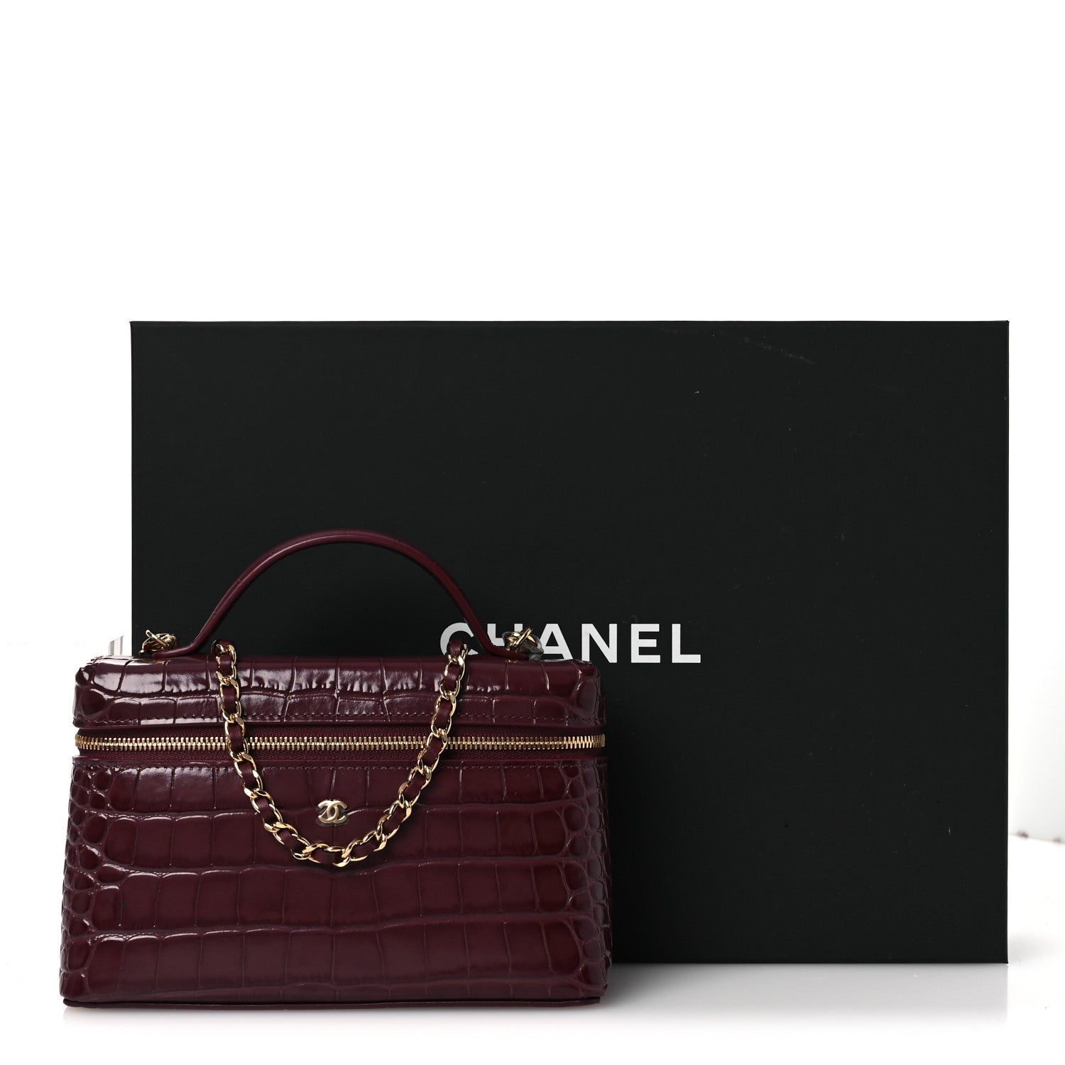 Chanel Calfskin Crocodile Embossed Crococo Small Slim Vanity Case With Chain Dark Burgundy 12 of 12