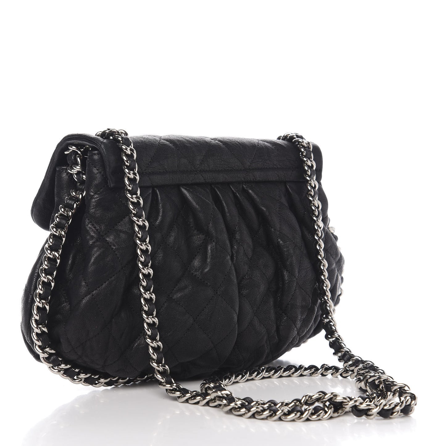 Crumpled Lambskin Quilted Medium Chain Around Messenger Black